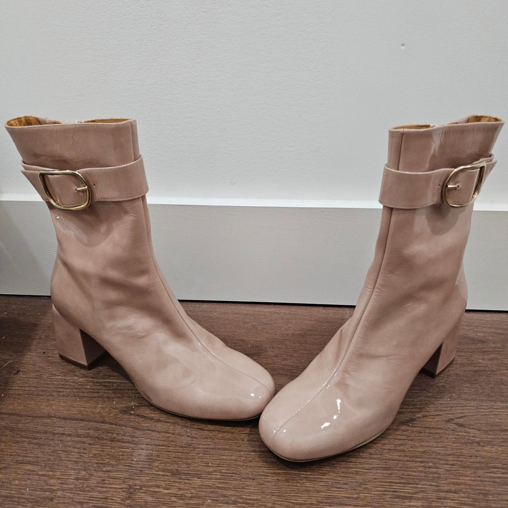 Sezane Adele Nude Patent Leather Square Toe Block Heel Ankle Boots Size 40